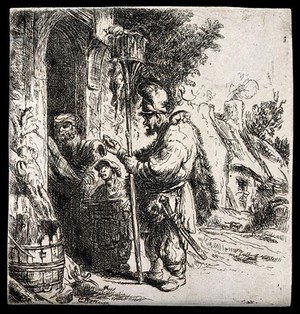 view A rat-catcher and his young assistant standing outside a doorway having their services refused by an old man; the rat-catcher holds a long stick with a cage on top containing rats and on his left shoulder sits a rat. Etching by C. Bateman after Rembrandt van Rijn, c. 1632.