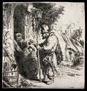 Rembrandt etching: The Rat Catcher (The rat-poison peddler