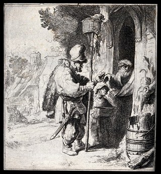 A rat-catcher and his young assistant standing outside a doorway having their services refused by an old man: the rat-catcher holds a long stick with a cage on top of it containing rats, on his right shoulder sits a rat. Etching after Rembrandt van Rijn, c. 1632.
