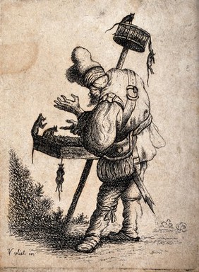 A rat-catcher enticing rats in to a tray which is strapped around his shoulder; he also holds a pole with a cage on top of it in which rats are trapped. Etching by Vliet.