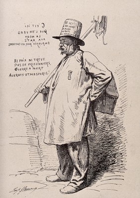 A rat-catcher carrying a pole with dead rats suspended from it, a box strapped over his left shoulder and wearing a hat advertising his occupation. Line block after L. Flameng.