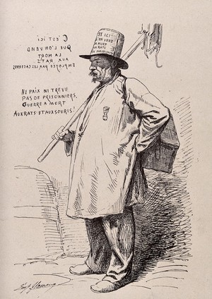 view A rat-catcher carrying a pole with dead rats suspended from it, a box strapped over his left shoulder and wearing a hat advertising his occupation. Line block after L. Flameng.