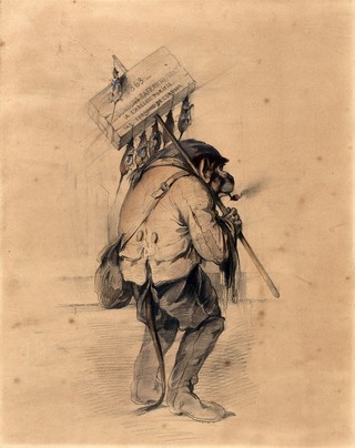A monkey dressed as a rat-catcher, smokes a pipe, and holds a pole with a wooden box attached to it (containing rat poison) from which dead rats dangle. Pencil drawing with watercolour by Fernand Pelez de Cordova.