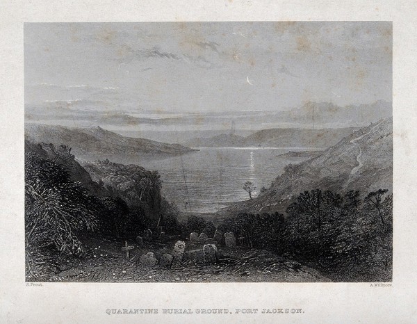 Quarantine burial ground, Port Jackson. Engraving by A. Willmore after S. Prout.