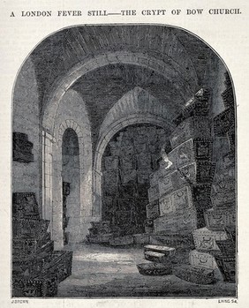 The crypt of Bow church, containing coffins of London fever victims. Wood engraving by Laing after J. Brown.