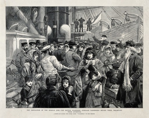 Russian jews being examined by a doctor before emigration from Liverpool. Wood engraving, 1891.