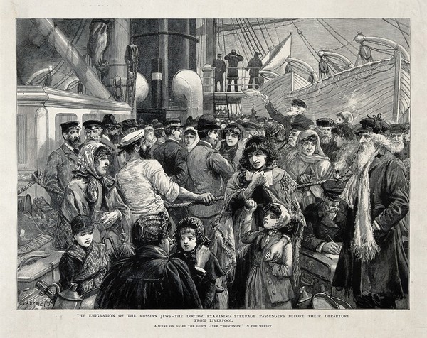 Russian Jews being examined by a doctor before emigration from Liverpool to the United States. Wood engraving after C.J. Staniland, 1891.