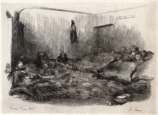 Military men settling down for the night in a squalid barrack at Gonesse during the Franco-Prussian war. Etching by A. Lan̨con.