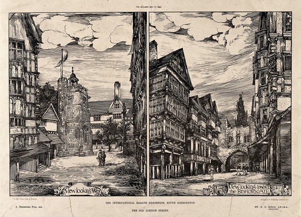 The International Health Exhibition, South Kensington: to the left, a view looking west, to the right, a view looking towards Bishopsgate. Reproduction of a woodcut by A. Beresford Pite.