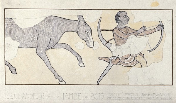 An archer whose left leg is hooked into a wooden stump is pursued by a horse. Watercolour by Terzi after a watercolour after a mosaic.