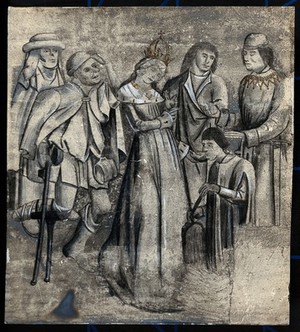 view A queen or empress administering a healing balm to a person with leprosy (?). Photograph of a wallpainting in the chapel in Eton College.