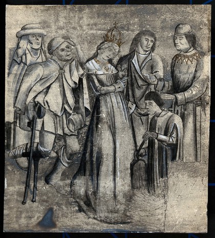 A queen or empress administering a healing balm to a person with leprosy (?). Photograph of a wallpainting in the chapel in Eton College.
