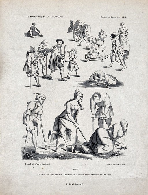 A variety of "crippled" beggars, members of the organization of the "Argot". Wood engraving by A. Rivaud after a tapestry in Reims.