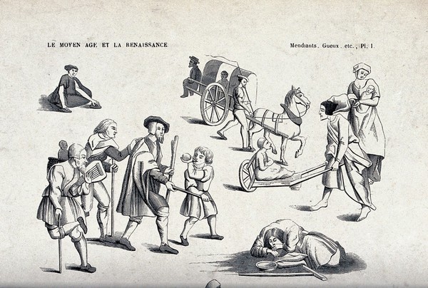 A variety of beggars, members of the organization of the "Argot". Wood engraving by A. Rivaud after a tapestry in Reims.