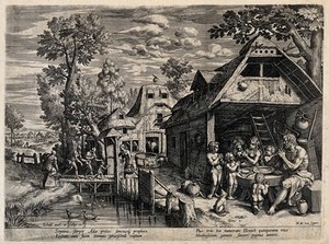 view Enoch and his family praying before taking a frugal meal outside a farm building while a woman gives alms to poor and lame people who approach the farm. Engraving by J. Sadeler after M. de Vos.