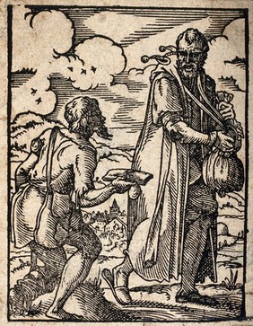 A miser and usurer holding a money-bag is accosted by a poor man on crutches.  Woodcut by J. Amman, c. 1568.