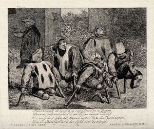view Five legless men moving with the aid of crutches in a yard. Etching by F.D. Hillemacher after P. Bruegel, 1871.