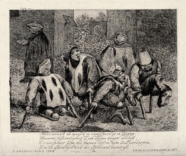 Five legless men moving with the aid of crutches in a yard. Etching by F.D. Hillemacher after P. Bruegel, 1871.