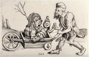 view A man in ragged clothes pushing a woman sitting in a wheelbarrow. Etching with engraving by W.Y. Ottley after the Monogrammatist bxg.