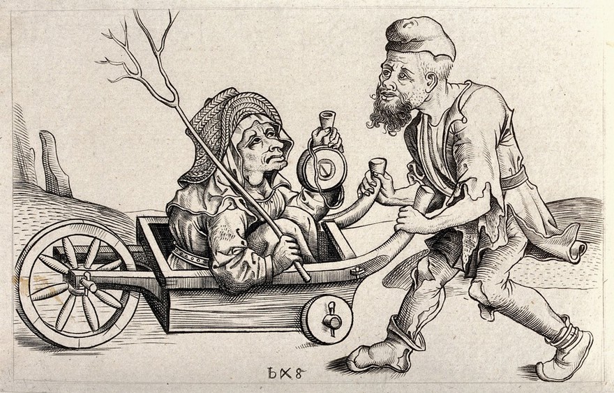 A man in ragged clothes pushing a woman sitting in a wheelbarrow. Etching with engraving by W.Y. Ottley after the Monogrammatist bxg.