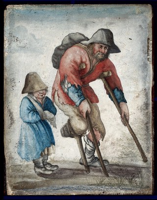 A one-legged man in rags moving with the aid of crutches is accompanied by a child with a bandaged arm. Gouache on vellum.