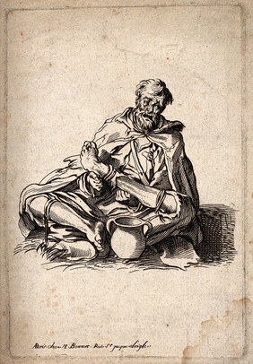 A beggar crouching on the ground next to a jug holding his deformed left leg in his hands. Engraving.