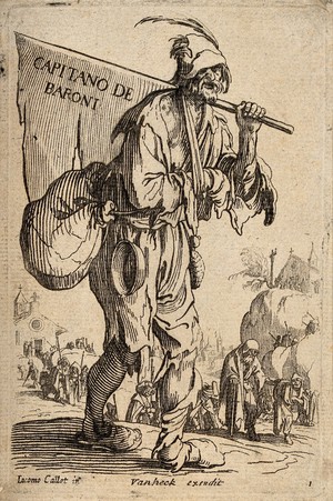 view A ragged beggar carrying a banner reading "Capitano de baroni" leads a procession of lame people and beggars out of a village. Etching after J. Callot.