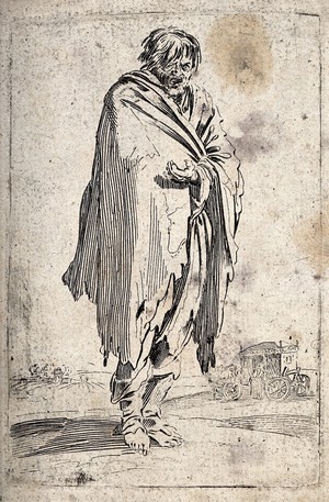 view A bearded beggar in ragged clothes. Etching with engraving possibly after J. Callot.