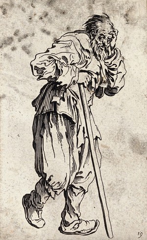 view A bearded beggar dressed in rags holding a staff in his right hand. Etching with engraving possibly after J. Callot.