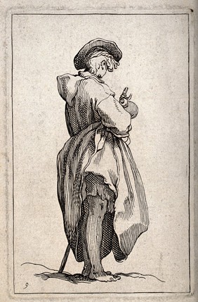 A woman dressed in rags, possibly a beggar, standing barefoot on the ground, with her skirt hitched up, holding a staff and a drinking vessel. Etching possibly after J. Callot.