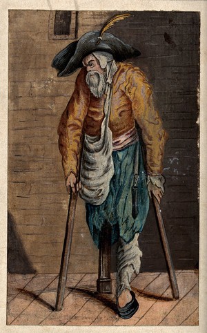 view A one-legged beggar with two crutches. Gouache possibly after J. Callot.