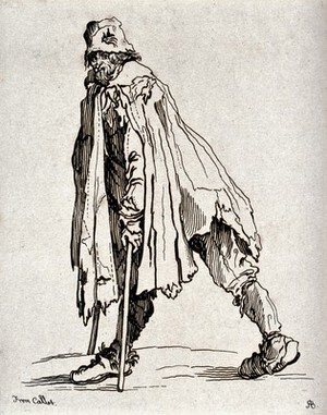 view A bearded beggar dressed in rags walking on two crutches. Etching by R. Blake after J. Callot.