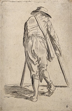 view A lame beggar moving with crutches seen from behind. Etching possibly after J. Callot.