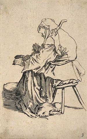 view A female beggar sitting on a stool with a cat on her lap and another cat curled up under the stool. Etching possibly after J. Callot.
