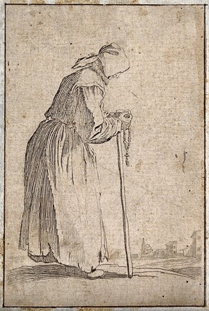 view An old woman dressed in rags holding a rosary in her right hand and a staff in her left. Etching possibly after J. Callot.