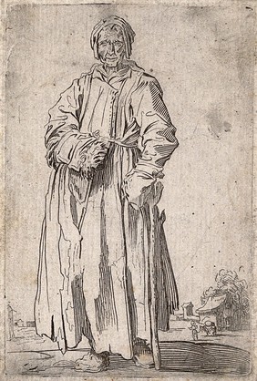 An old woman dressed in rags holding her right arm in a bandage made of straw and a stick in her left hand. Etching possibly after J. Callot.