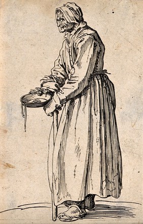 An old woman dressed in rags carrying a bowl in her right hand and a stick in her left hand. Etching possibly after J. Callot.