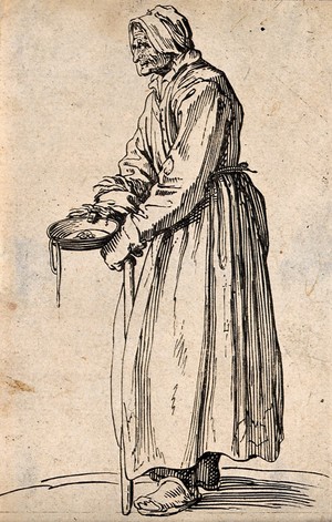 view An old woman dressed in rags carrying a bowl in her right hand and a stick in her left hand. Etching possibly after J. Callot.