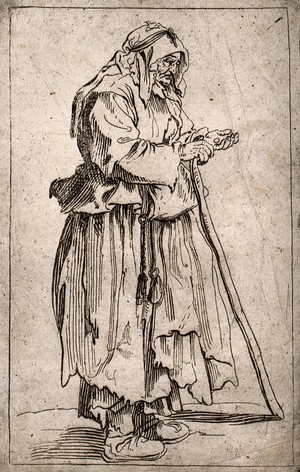 view An old woman dressed in rags holding a stick in her right hand, counting the coins in the palm of her left hand. Etching possibly after J. Callot.