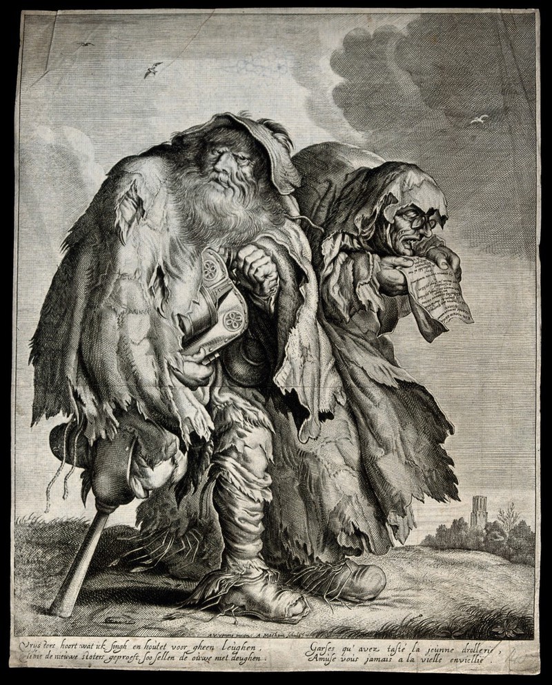 A one-legged hurdy gurdy player dressed in rags with his companion, an old woman dressed in rags reading from a song sheet. Engraving with etching by J. Matham after Adriaen Pietersz van de Venne., by Adriaen van de Venne