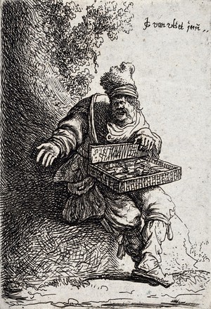 view A hawker selling wares from his tray. Etching by Jan Georg van der Vliet, c. 1632.