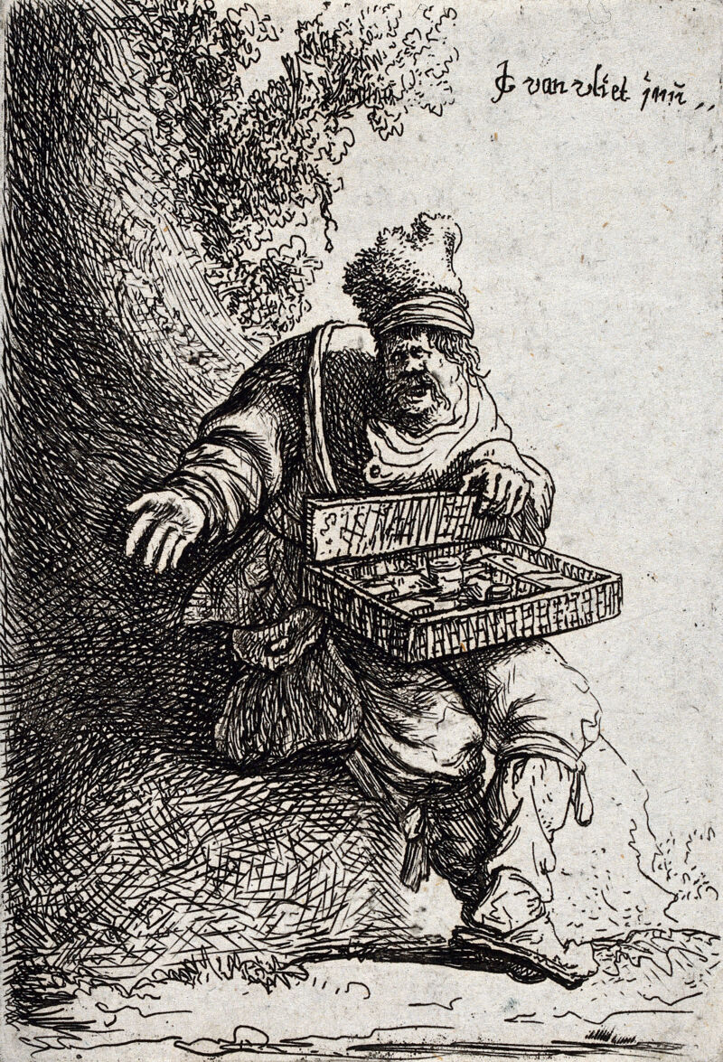 A hawker selling wares from his tray. Etching by Jan Georg van der Vliet, c. 1632., 1632, by Jan Gillisz van Vliet