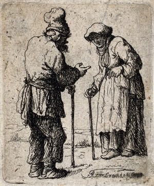 view An old man and an old woman conversing while holding on to their walking sticks. Etching in the style of Rembrandt, ca. 1630.