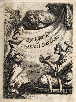 view A gentleman giving alms to two lame beggars by leaning over an inscribed banner. Etching by Jan Georg van der Vliet, 1632.