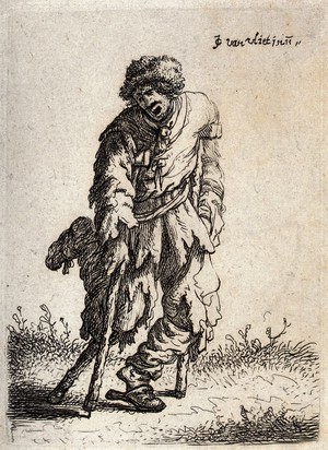 view A man in ragged clothes walking with two crutches and a wooden leg. Etching by Jan Georg van der Vliet, c. 1632.