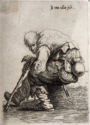 view An old man in ragged clothes resting on a stone. Etching by Jan Georg van der Vliet, c. 1632.