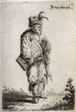 view An old man in ragged clothes and a feathery fur cap playing the hurdy gurdy. Etching by Jan Georg van der Vliet, c. 1632.