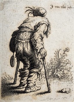 An old man in ragged clothes and a fur cap with a feather seen from behind walking with two sticks. Etching by Jan Georg van der Vliet, c. 1632.