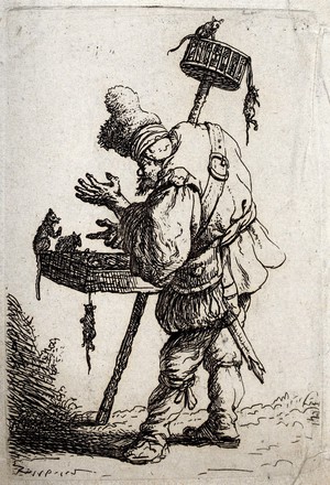 view A hawker with a hawker's tray full of rodents. Etching by Jan van der Vliet, c. 1632.