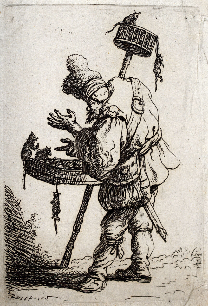 A hawker with a hawker's tray full of rodents. Etching by Jan van der Vliet, c. 1632., 1632, by Jan Gillisz van Vliet